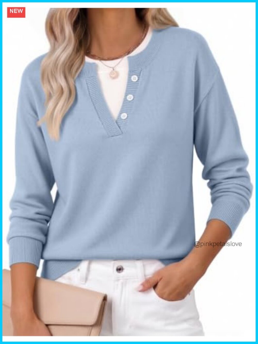 Women's Soft Knit Crew Neck Pullover Sweater Faux Layered Button Long Sleeve